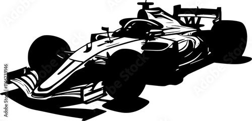 Front isometric view of a black formula 1 car vector icon isolated on a transparent background.
