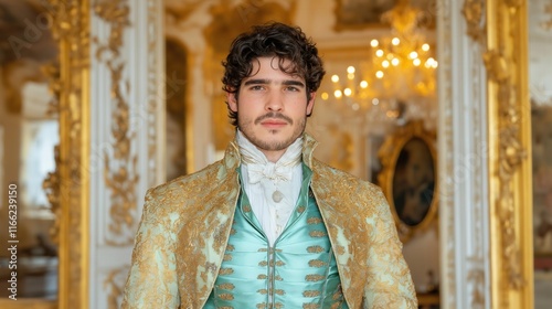 Charming man in elegant historical costume with ornate gold details