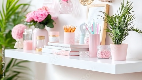 White shelf with pink decor, flowers, books, and plants.