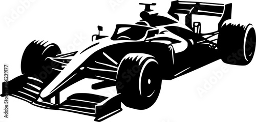 Front isometric view of a black formula 1 car vector icon isolated on a transparent background.