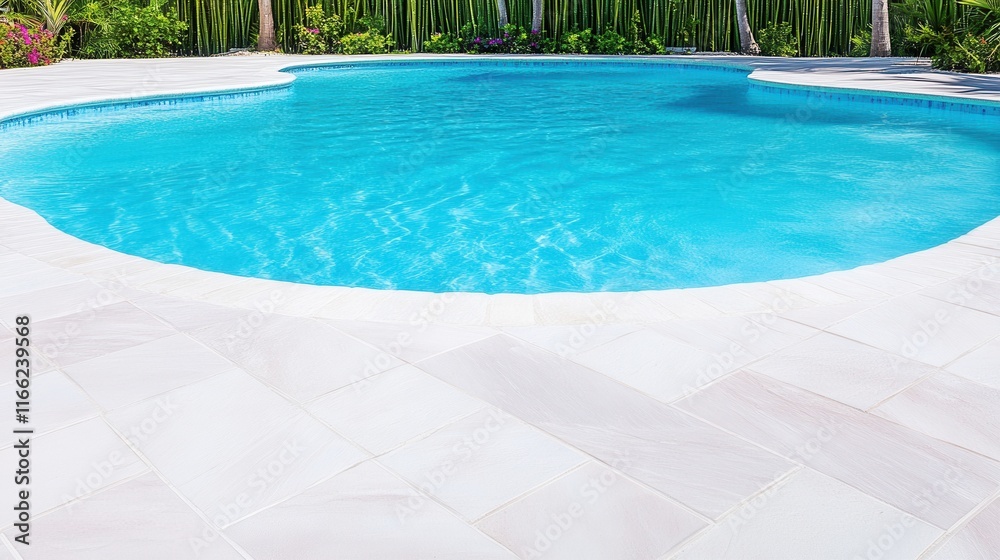 Fototapeta premium Luxurious curved swimming pool surrounded by lush greenery and a tiled patio