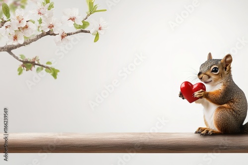 Adorable Squirrel Holding Red Heart Near Spring Blossoms photo