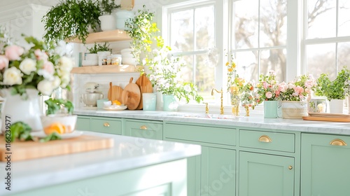 Sunlit kitchen with pale green cabinets, marble countertops, and fresh flowers.