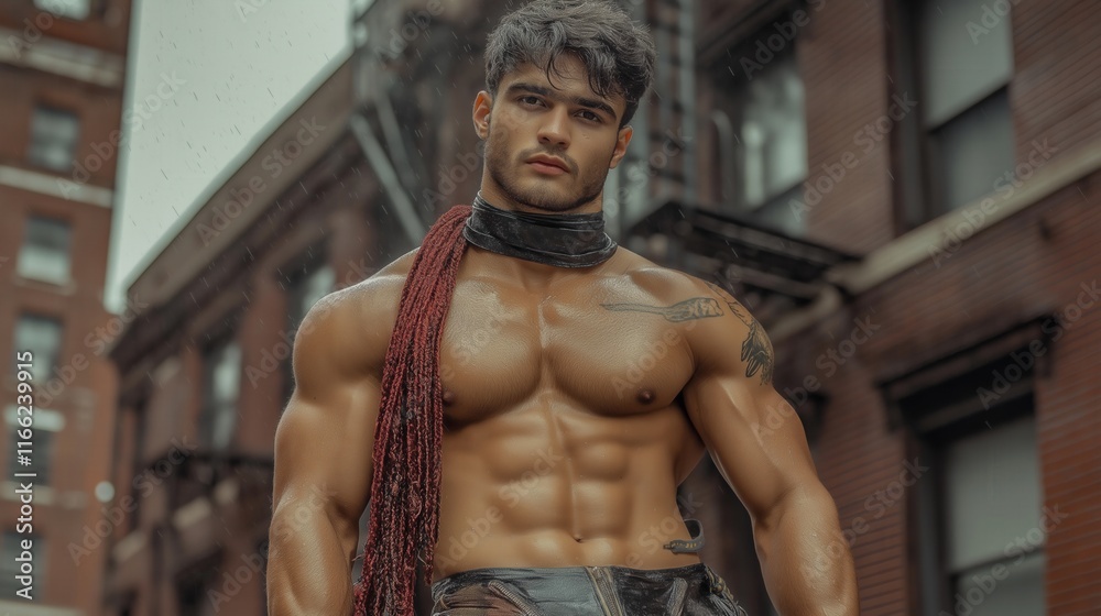 Muscular man with scarf posing in urban setting on a rainy day Muscular man with scarf posing in urban setting on a rainy day