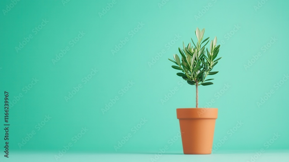 Fototapeta premium Minimalist potted plant on vibrant background: fresh greenery and simplicity in modern design