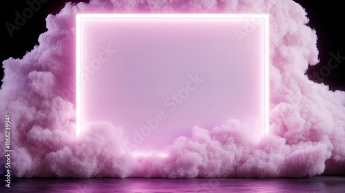 Glowing neon frame surrounded by vibrant pink smoke on dark background photo