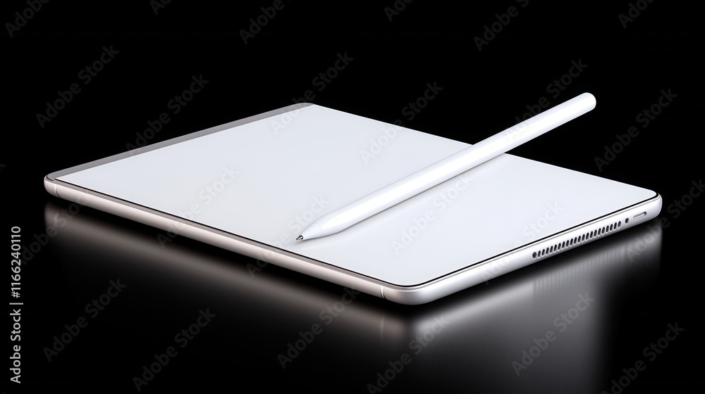 Sleek modern tablet and stylus on reflective black surface Sleek modern tablet and stylus on reflective black surface