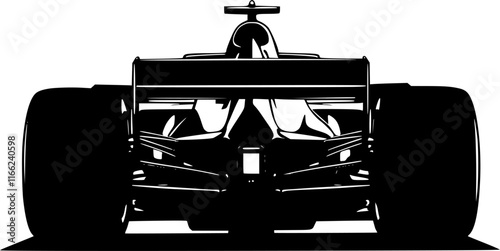 Back view of a black formula 1 car vector icon isolated on a transparent background.