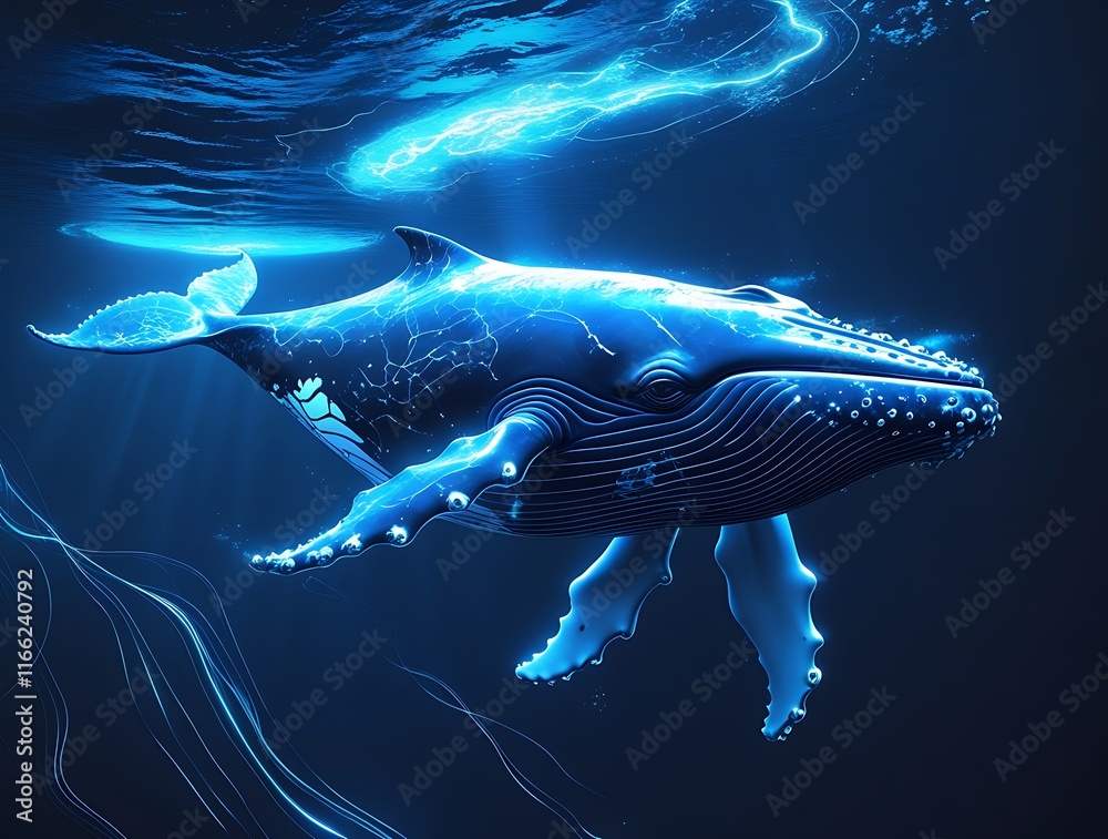 Naklejka premium Majestic Bioluminescent Blue Whale Swimming in Vibrant Deep Ocean Waters Illuminated by Ethereal Glow, Showcasing Marine Beauty and Wonder of Aquatic Wildlife in an Enchanting Underwater Scene