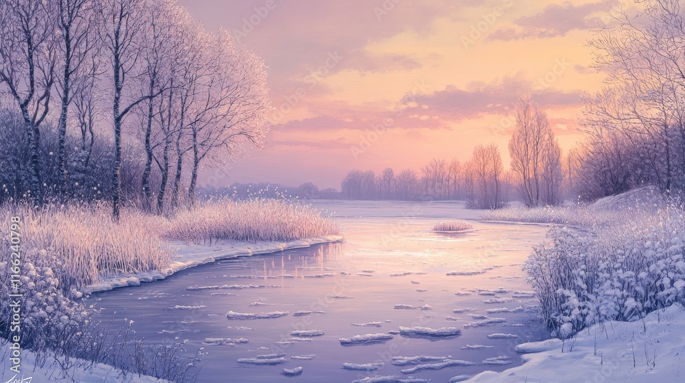 Serene Winter Sunset Over Icy Riverbank Serene Winter Sunset Over Icy Riverbank