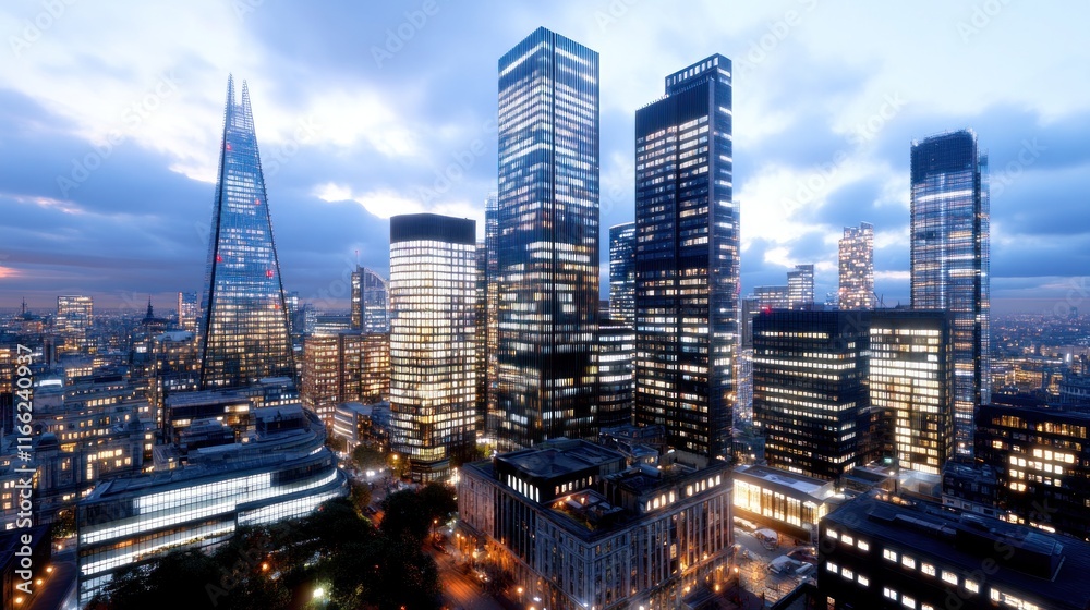 Fototapeta premium City skyline at dusk featuring modern skyscrapers and lights.
