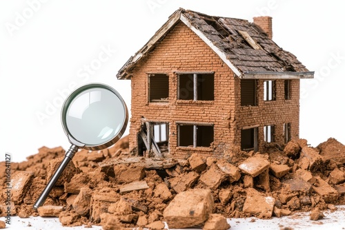 Detailed Analysis of a Dilapidated Model House Surrounded by Debris with a Magnifying Glass Emphasizing Structural Issues and Damage Assessment photo