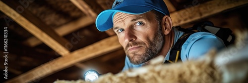 Focused pest control specialist inspects attic for termites. Professional technician uses flashlight, tools to find infestation. Carefully examining wooden structure. Preventive maintenance,
