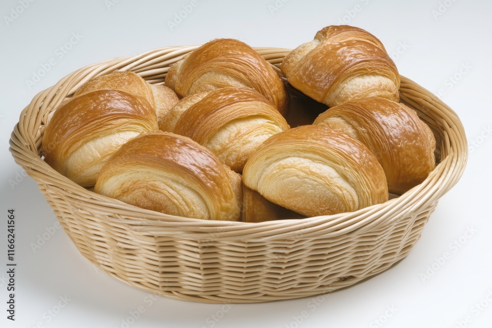 Freshly Baked Croissants in a Natural Woven Basket, Displaying Flaky Layers and Golden Crusts, Ideal for Culinary and Food Photography or Bakery Promotion Freshly Baked Croissants in a Natural Woven Basket, Displaying Flaky Layers and Golden Crusts, Ideal for Culinary and Food Photography or Bakery Promotion