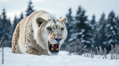 Prehistoric cave lion hunting (Panthera Spelaea) on snow in winter forest.  photo