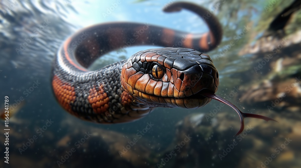 Aquatic Snake Detailed Render Orange Black Scales Underwater Scene Aquatic Snake Detailed Render Orange Black Scales Underwater Scene