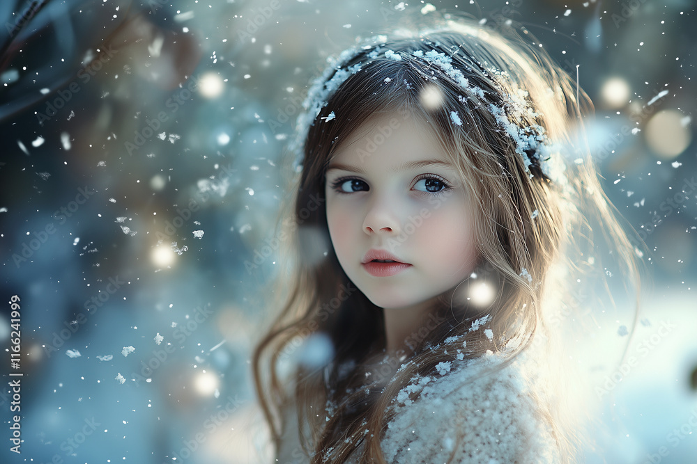 Young girl is standing in the snow with her hair in a snowflake headband Young girl is standing in the snow with her hair in a snowflake headband