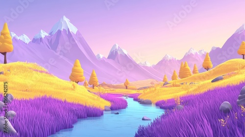 Serene landscape with purple grass, yellow hills, a meandering river, and snow-capped mountains under a soft sunset. photo