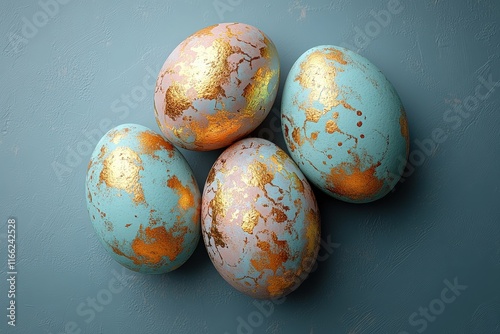 A beautiful arrangement of blue and gold decorative Easter eggs showcasing intricate designs and artistry. photo