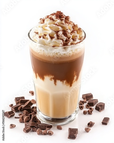 Delicious Coffee Beverage with Creamy Topping and Chocolate Shavings on a White Background, Perfect for Adding a Touch of Indulgence to Any Menu or Coffee Shop