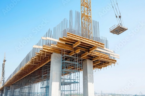 Highway bridge construction site under clear sky. Crane lifts materials. Wooden beams, steel rods support structure. Construction columns stand tall. Building site shows progress in urban development.