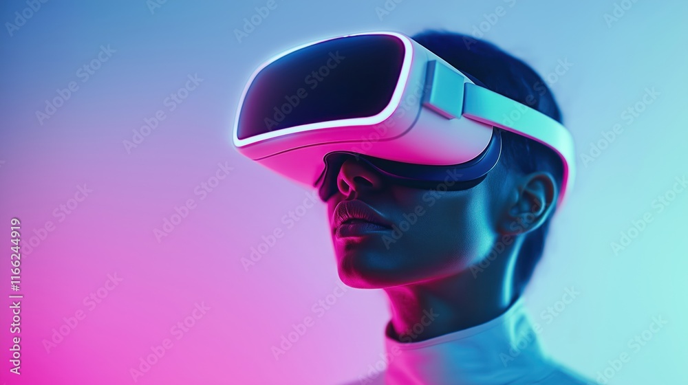 Person immersed in VR tech. Woman wearing bright pink, blue VR headset. Futuristic tech environment. Focus on VR headset, person. Modern portrait of VR experience. Person exploring virtual world. Person immersed in VR tech. Woman wearing bright pink, blue VR headset. Futuristic tech environment. Focus on VR headset, person. Modern portrait of VR experience. Person exploring virtual world.