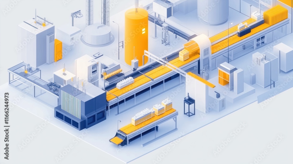 Modern factory shows automated assembly line. Products move through automated system. Robotic machinery handles manufacturing. High tech equipment ensures efficiency. Innovation key in industrial