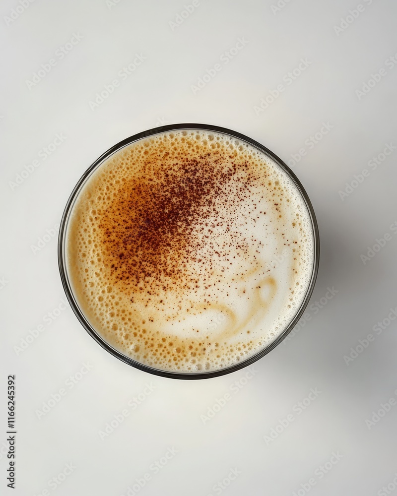 Aerial View of a Creamy Coffee Drink with Frothy Milk and Cocoa Powder Topping in a Clear Glass on a Light Background Aerial View of a Creamy Coffee Drink with Frothy Milk and Cocoa Powder Topping in a Clear Glass on a Light Background
