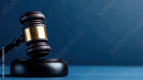 Dark wooden gavel on blue background. Legal concept. Auction court scene. Judgement decision concept. Represents power, justice in legal process. Potential for auction court setting. Suitable for