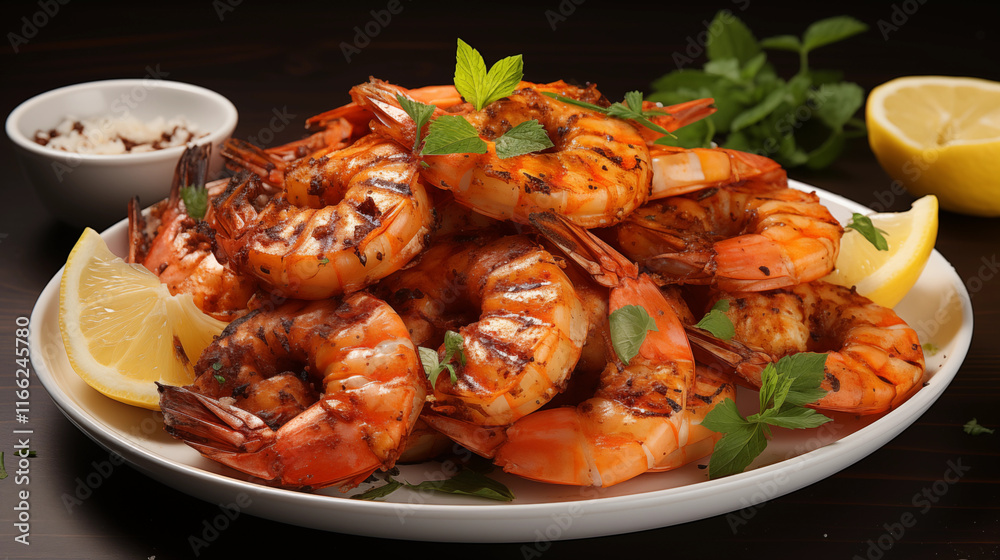 Skewers of shrimp grilled to perfection with herbs, ideal for BBQ, seafood platters, and culinary concepts, studio view. Skewers of shrimp grilled to perfection with herbs, ideal for BBQ, seafood platters, and culinary concepts, studio view.
