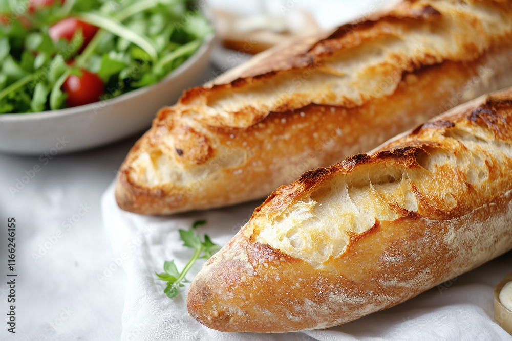 classic French baguette with a crispy crust on white background, with salad bowl in background classic French baguette with a crispy crust on white background, with salad bowl in background