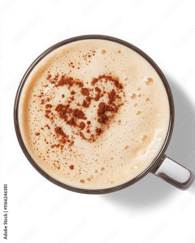Warm cup of cappuccino with heart-shaped foam art and cocoa powder on top, perfect for coffee lovers, cozy mornings, and romantic occasions, inviting and comforting
