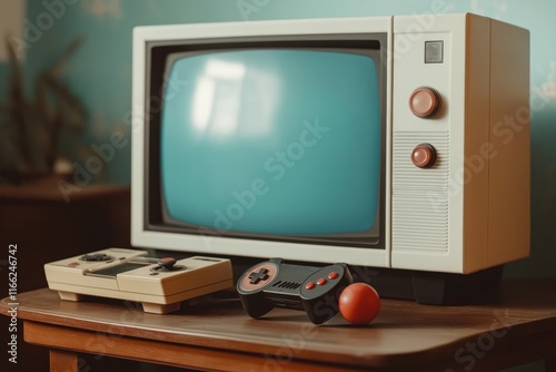 Retro gaming setup in cozy living room. Vintage TV with blue screen sits next to retro game console, controllers. Warm light, wood furniture create nostalgic atmosphere. Classic gaming setup evokes photo