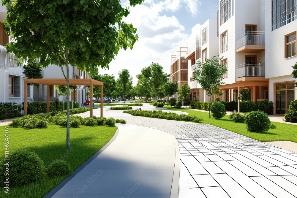 Serene Urban Landscape with Lush Greenery and Modern Architecture in a Bright and Inviting Residential Area Serene Urban Landscape with Lush Greenery and Modern Architecture in a Bright and Inviting Residential Area
