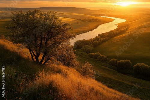 Wallpaper Mural Beautiful summer landscape with a river, trees, and green fields at sunset from above, an aerial view.  Torontodigital.ca