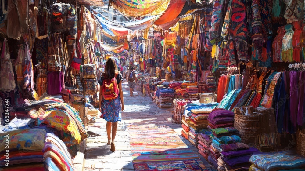 Obraz premium Woman Walks Through A Vibrant Colorful Market