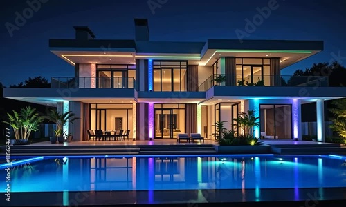 Night View of a Luxurious Modern House with Colorful LED Lighting and a Pool