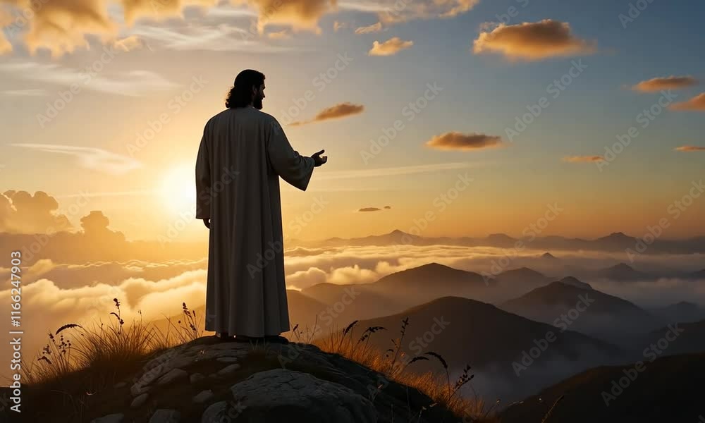 Jesus Christ on Mountaintop at Sunset: A Spiritual Silhouette
