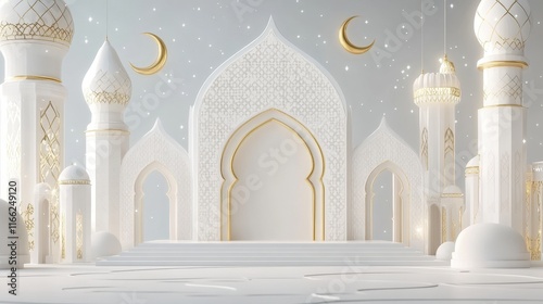 Elegant Islamic Architecture: Ramadan Night Scene with Crescent Moon and Stars photo