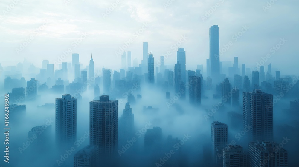 Dense city shrouded in hazy smog. Tall buildings barely visible through thick mist. Urban landscape filled with fog. Atmospheric pollution evident. Likely summer day. Sense of environmental challenge Dense city shrouded in hazy smog. Tall buildings barely visible through thick mist. Urban landscape filled with fog. Atmospheric pollution evident. Likely summer day. Sense of environmental challenge
