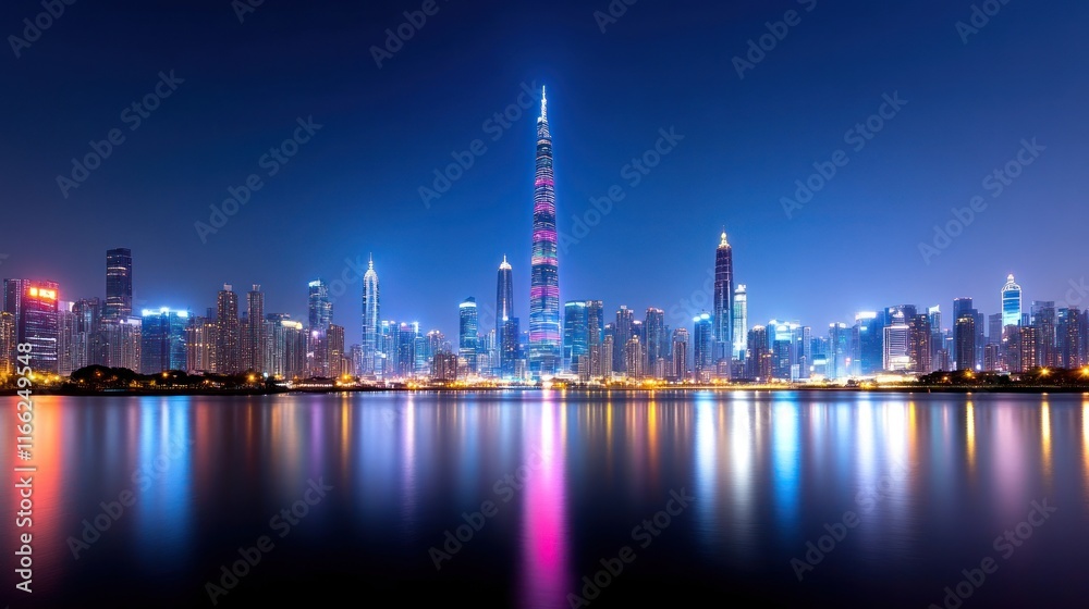 Vibrant city skyline at night with illuminated buildings and reflections. Vibrant city skyline at night with illuminated buildings and reflections.