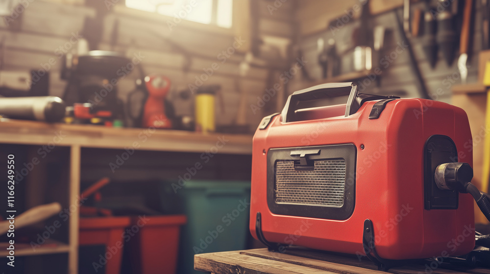 Portable power equipment set on a rugged outdoor table, essential tools for remote work and adventure, symbolizing self-reliance and modern convenience in challenging environments.