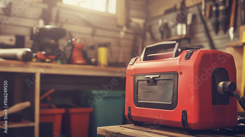 Obraz na płótnie Portable power equipment set on a rugged outdoor table, essential tools for remote work and adventure, symbolizing self-reliance and modern convenience in challenging environments. w salonie