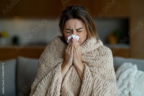 Woman wrapped in cozy blanket sits on sofa at home. Sneezing, using tissue. Relaxed atmosphere. Cozy scene of sick person resting in living room. Home comfort, care. Everyday life moment. Woman sick