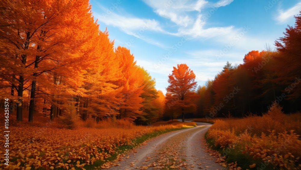 Obraz premium Autumnal Road Through Vibrant Orange Trees