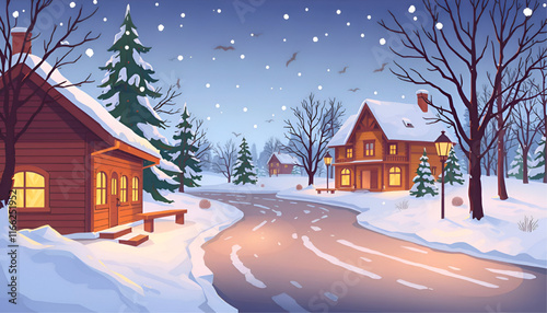 Winter landscape with house, winter scene snow forest illustraion vector.