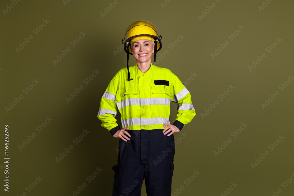 Confident female worker in high-visibility uniform and helmet, smiling against khaki background Confident female worker in high-visibility uniform and helmet, smiling against khaki background