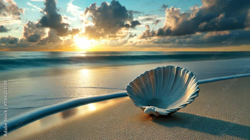 Sunset over the ocean with a beautiful shell resting on the sandy beach