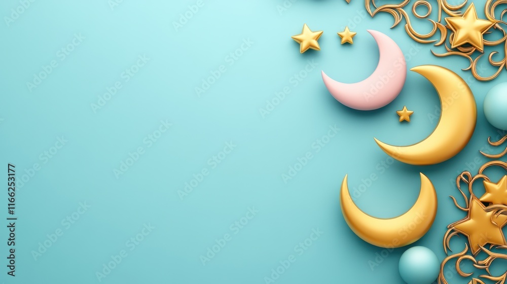 Colorful crescent moons and stars on a blue background. Colorful crescent moons and stars on a blue background.