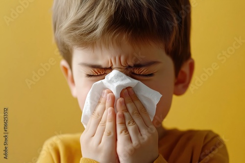 Ill child uses tissue to sneeze. Boy with cold allergy symptoms. Close-up view. Unwell young boy blowing nose. Care for sick child. Health care theme. Casual clothing. Illness concept. Child health